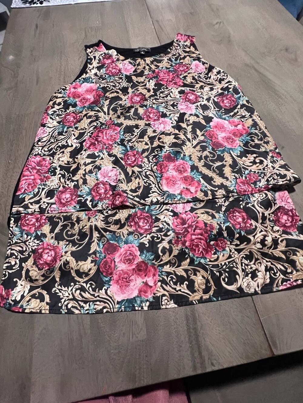 DB Clothing Floral Tank Top Size S Black Pink Rose Print Layered Hem